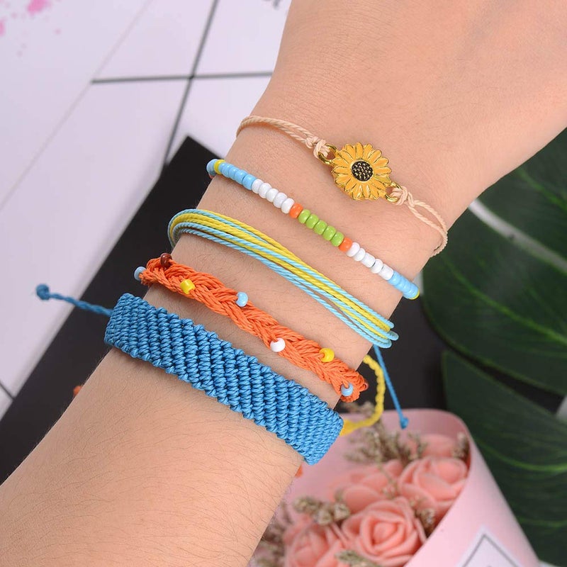 SUNSH 5PCS Boho Woven Sunflower Bracelets for Women Couples Gifts Charm Bracelet Beach Surf Braided Adjustable Strings Boyfriend Girlfriend Mother Daughter Friendship Galentines Gifts Valentines Day Gift for Her - Image 1
